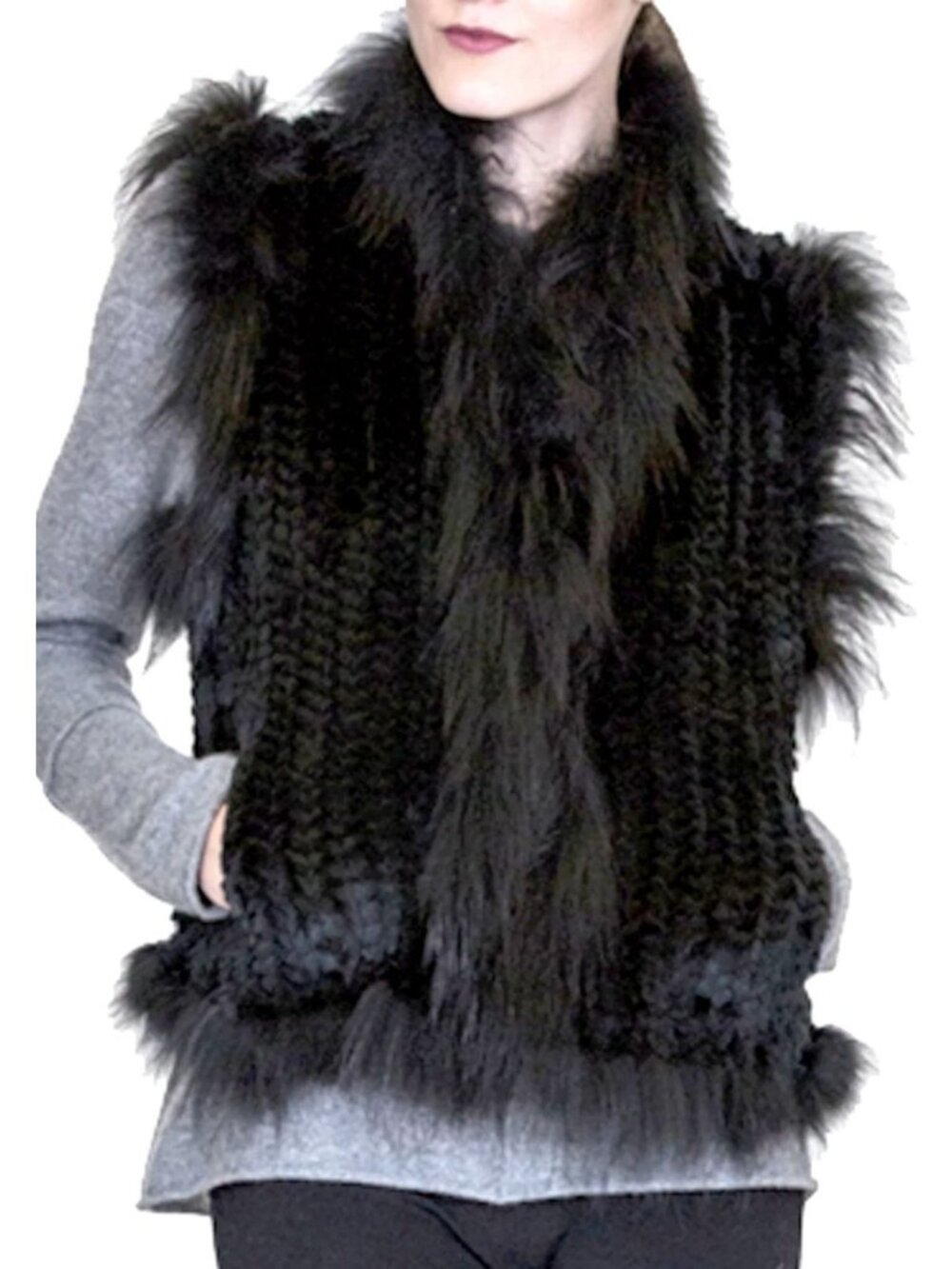 BELLE FARE COPENHAGEN Rex Vest with Raccoon Trim Black Size Small
